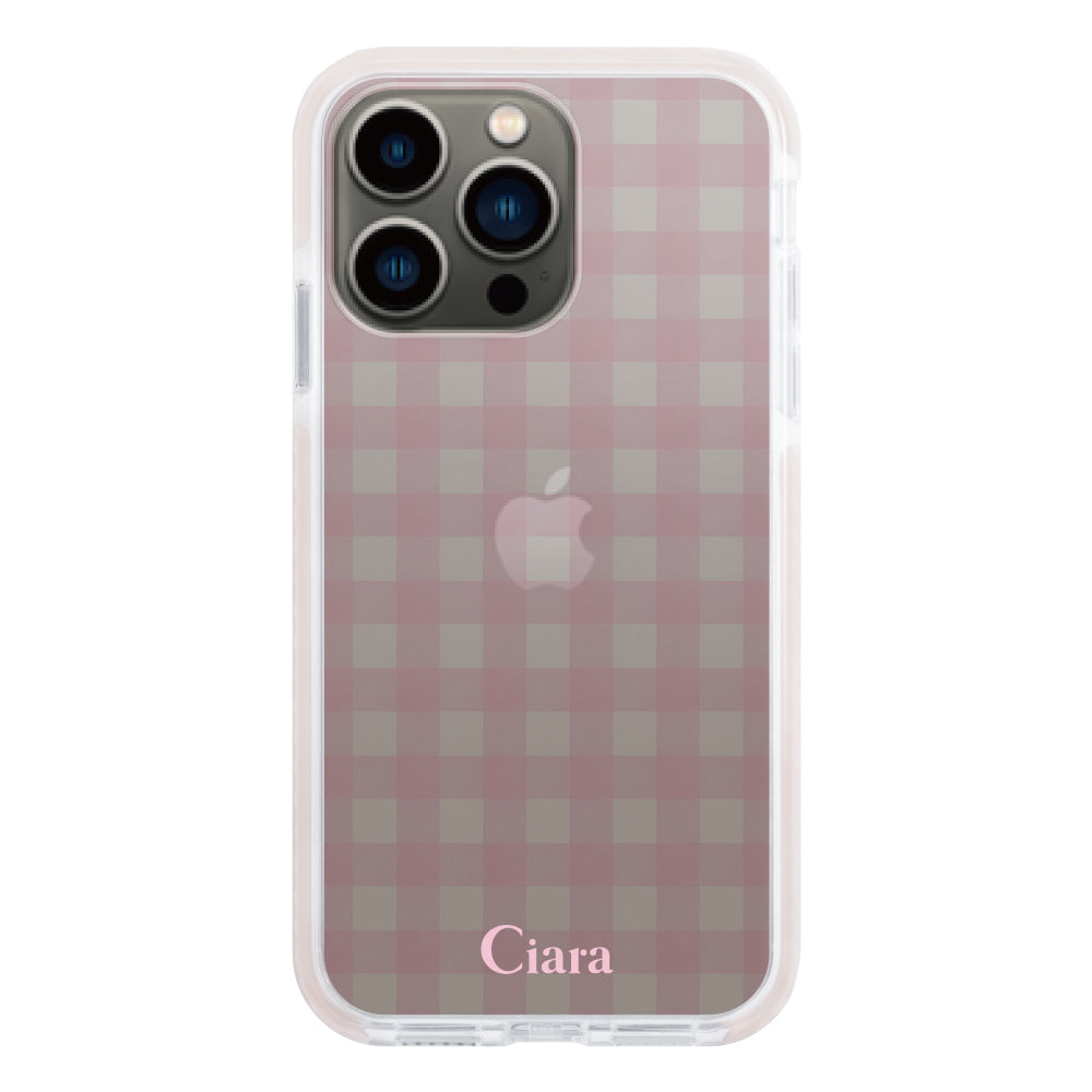 iPhone13Pro クッションバンパー 耐衝撃クリアケース ギンガム ピンク