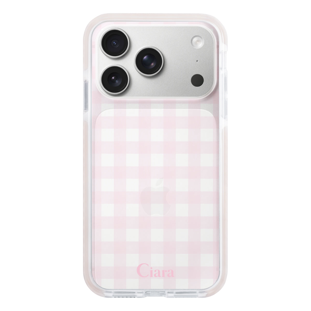 iPhone17Pro クッションバンパー 耐衝撃クリアケース ギンガム ピンク