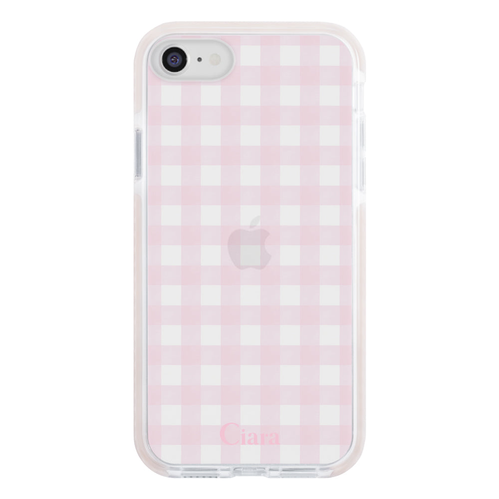 iPhone7Plus/8Plus クッションバンパー 耐衝撃クリアケース ギンガム ピンク