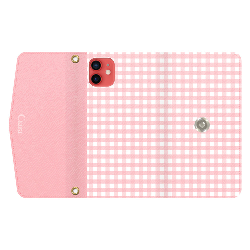 iPhone11ケース 手帳型カード収納レザーケース ギンガム ピンク
