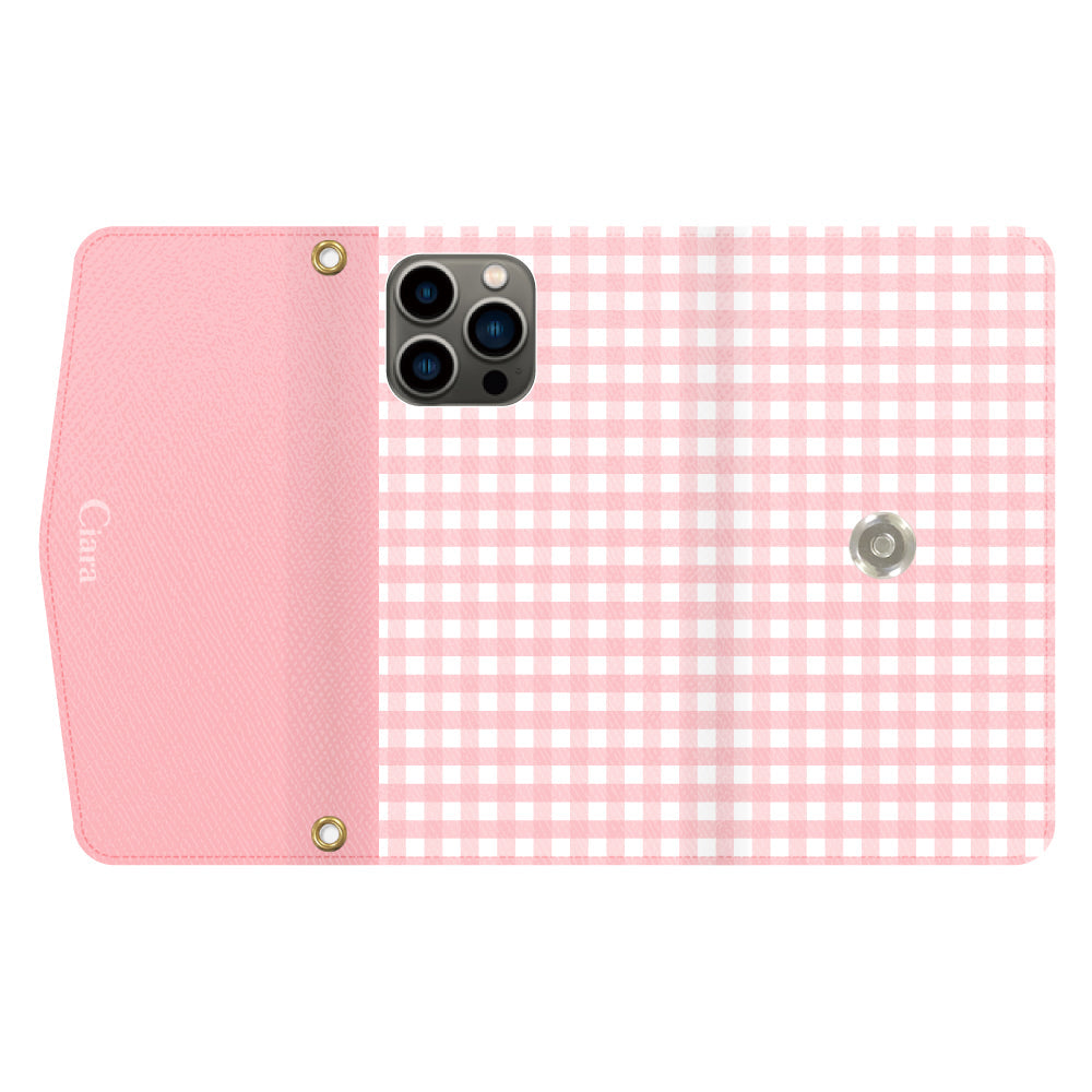 iPhone13Proケース 手帳型カード収納レザーケース ギンガム ピンク