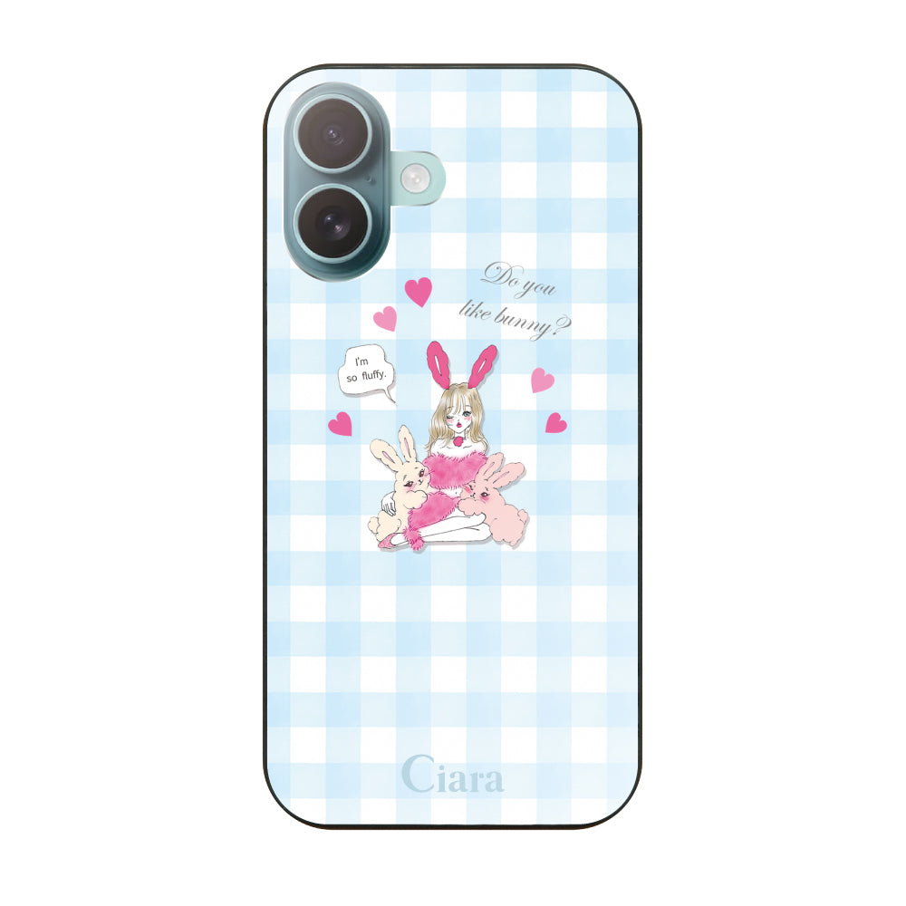 iPhone16Plus ガラス 強化ガラスケース バニーガール ブルーチェック