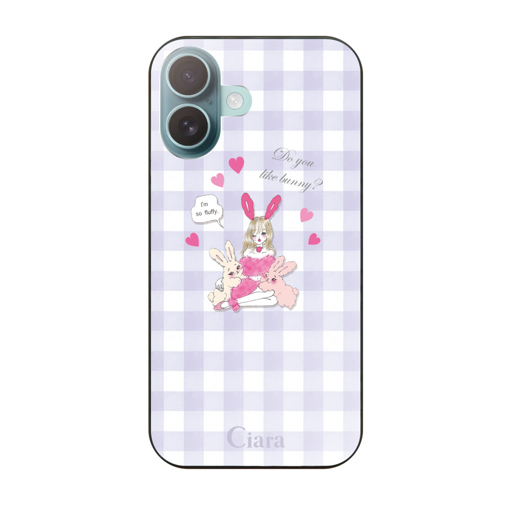 iPhone16Plus ガラス 強化ガラスケース バニーガール パープルチェック