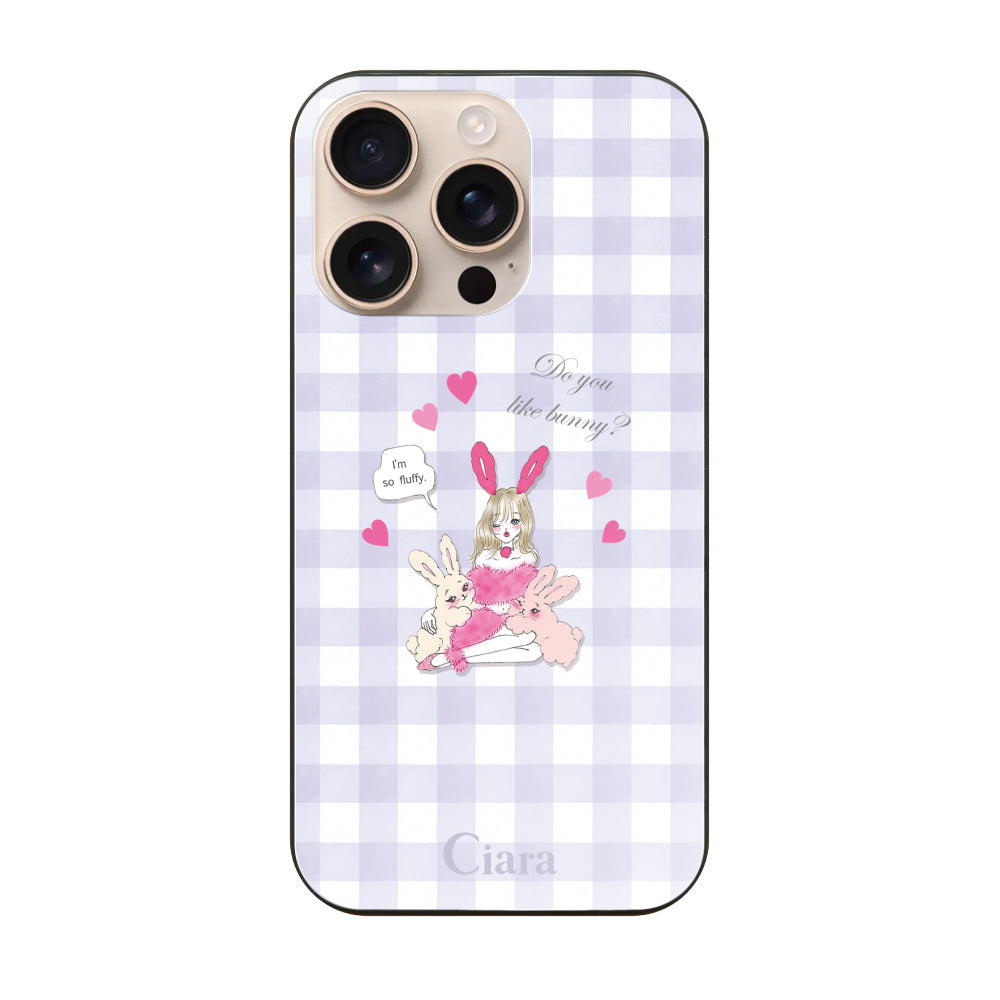 iPhone16Pro ガラス 強化ガラスケース バニーガール パープルチェック