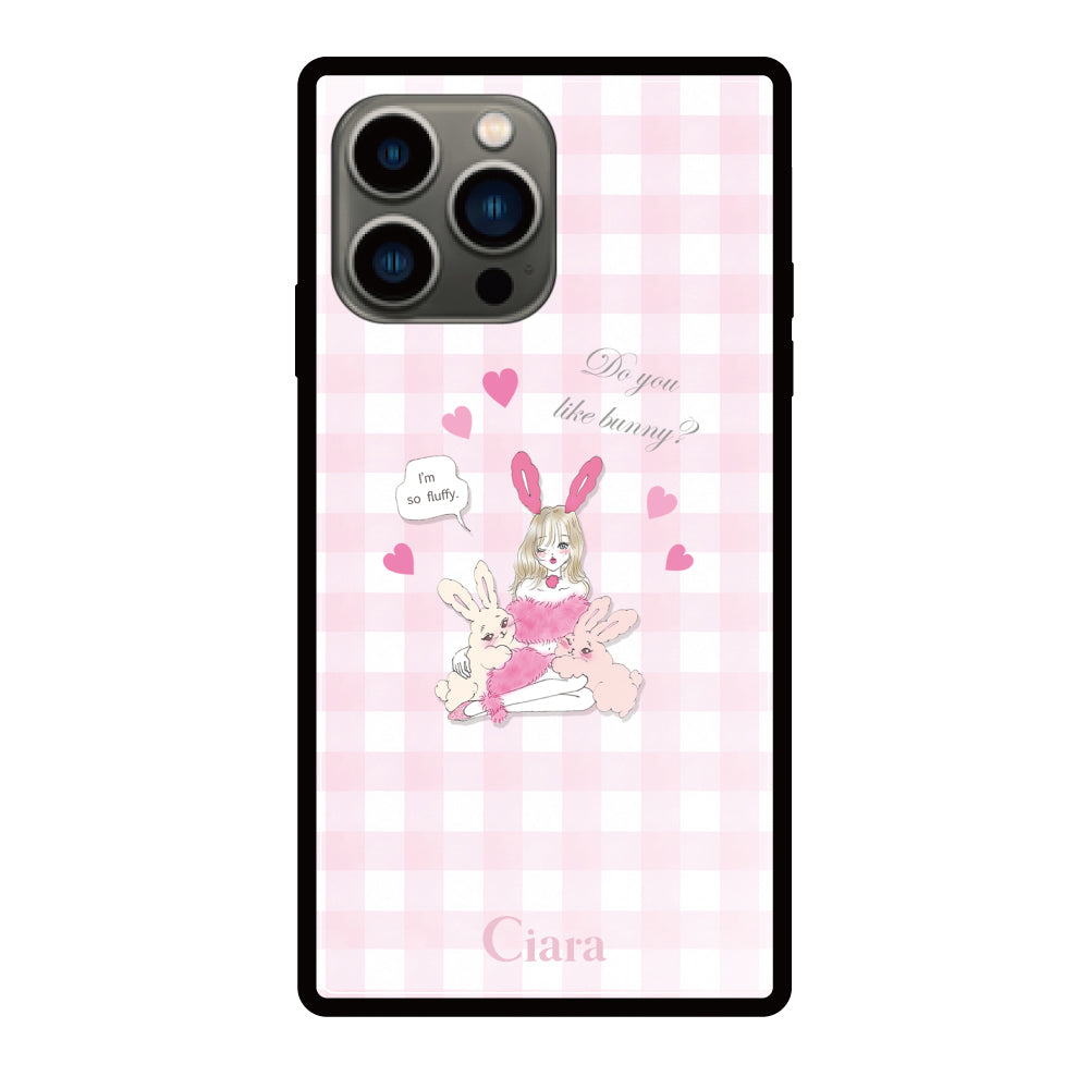 iPhone13Proケース スクエア 強化ガラスケース バニーガール ピンクチェック