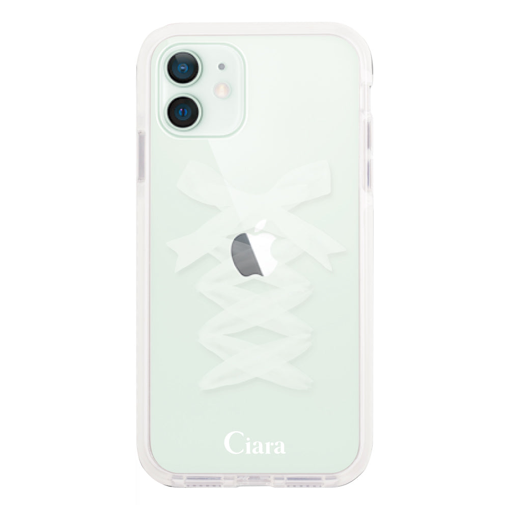 iPhone12mini クッションバンパー 耐衝撃クリアケース レースアップリボン ホワイト