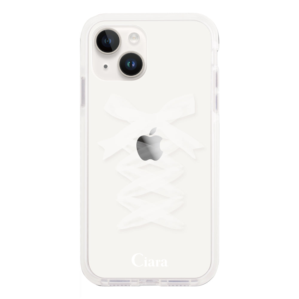 iPhone14 クッションバンパー 耐衝撃クリアケース レースアップリボン ホワイト