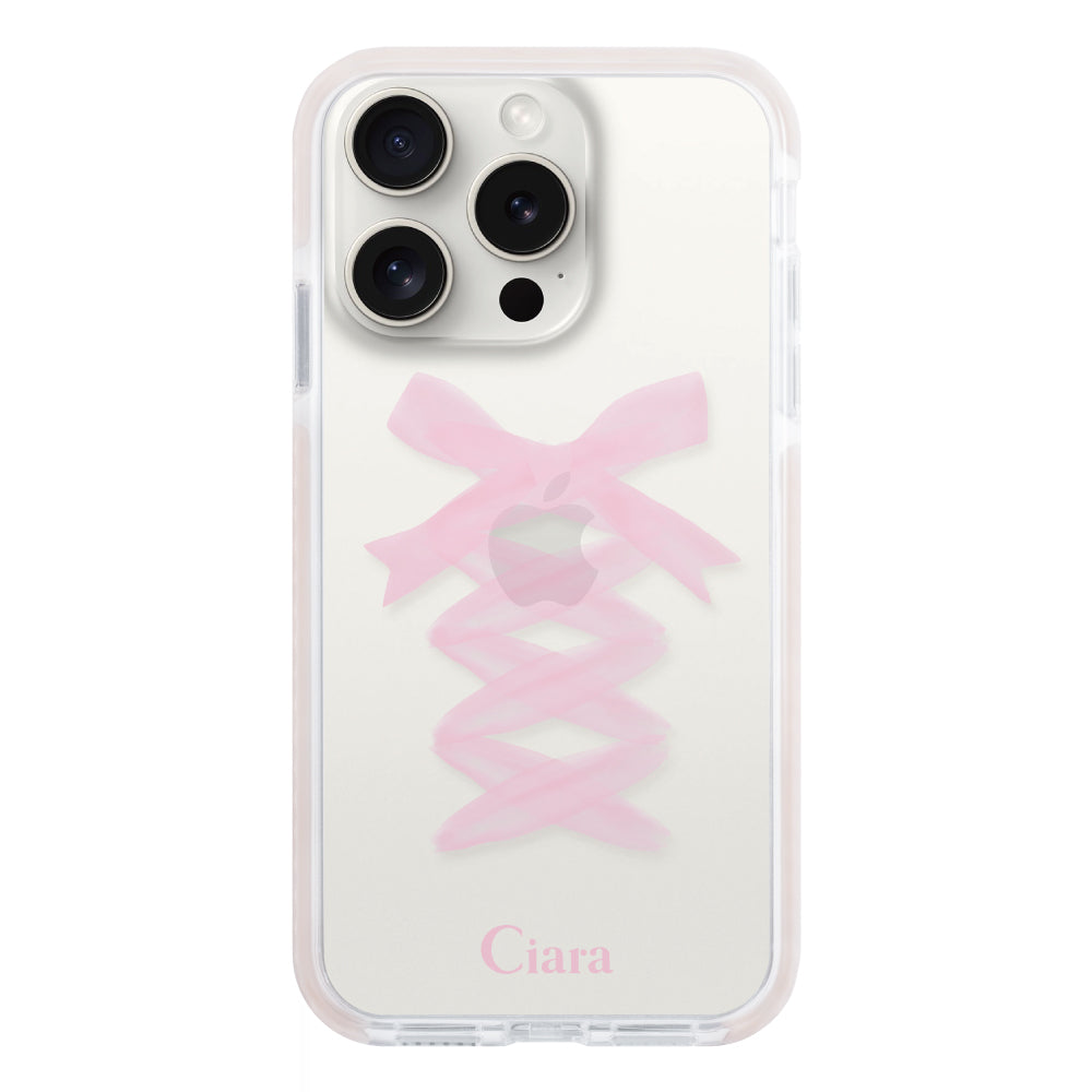 iPhone15ProMax クッションバンパー 耐衝撃クリアケース レースアップリボン ピンク