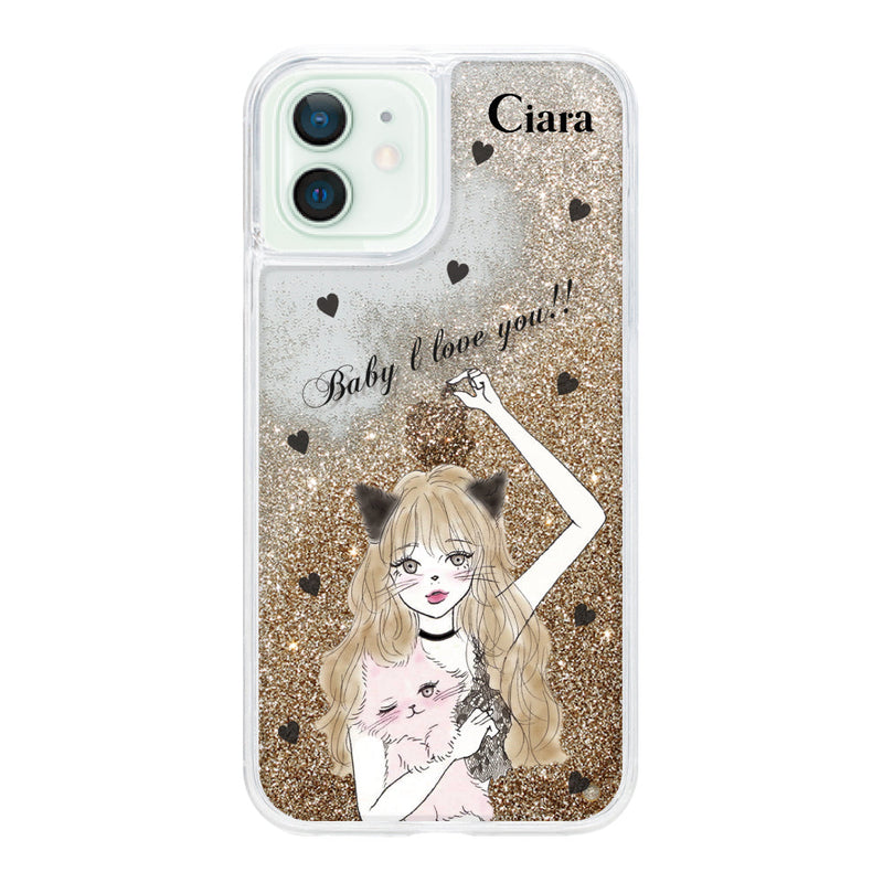 iPhoneケース グリッター オイルクリアケース ブラックキャットガール