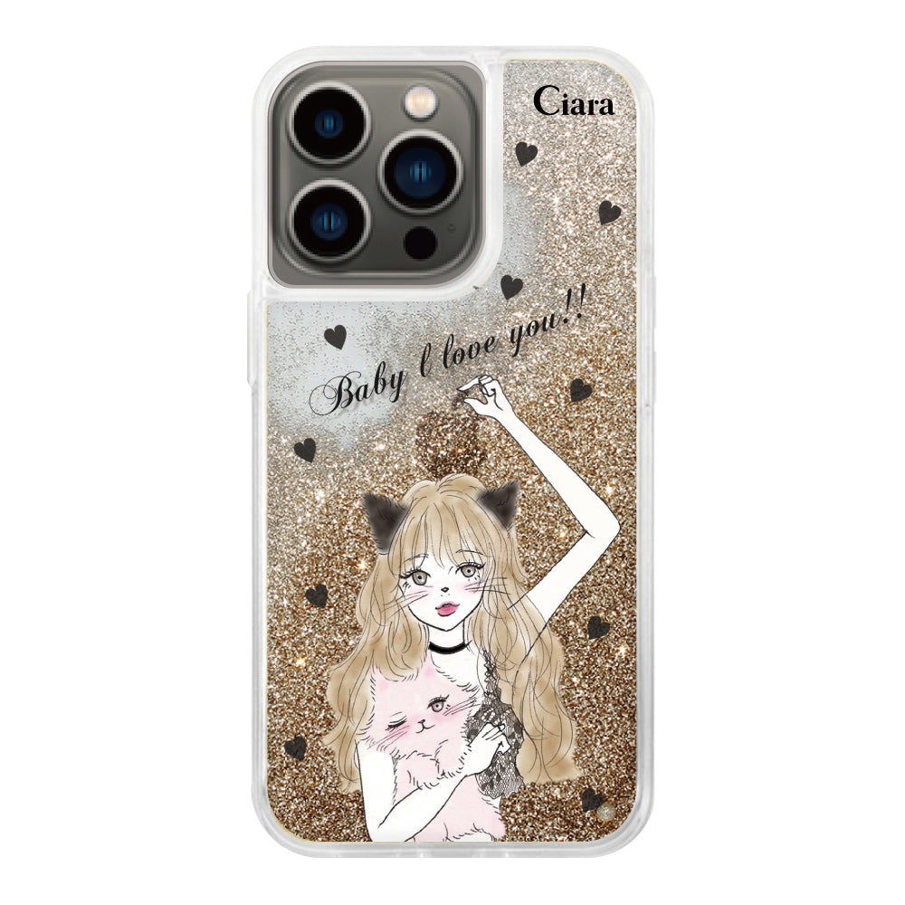 iPhone13Pro グリッター オイルクリアケース ブラックキャットガール ゴールド