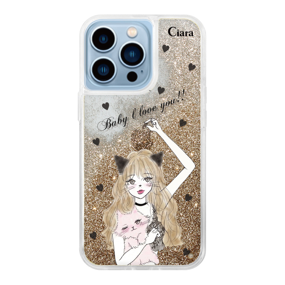 iPhone13ProMax グリッター オイルクリアケース ブラックキャットガール ゴールド
