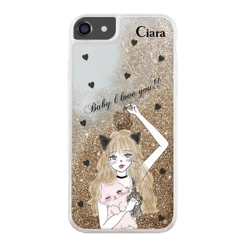 iPhone6/7/8 グリッター オイルクリアケース ブラックキャットガール ゴールド
