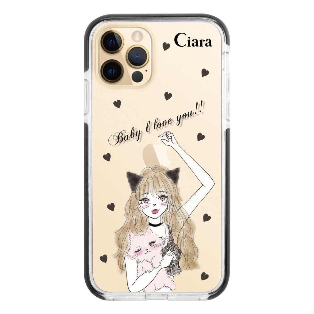 iPhone11ProMax クッションバンパー 耐衝撃クリアケース ブラックキャットガール ブラック