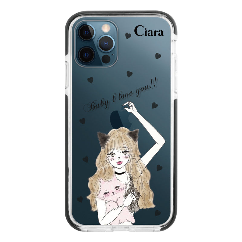 iPhoneケース クッションバンパー 耐衝撃クリアケース ブラックキャットガール
