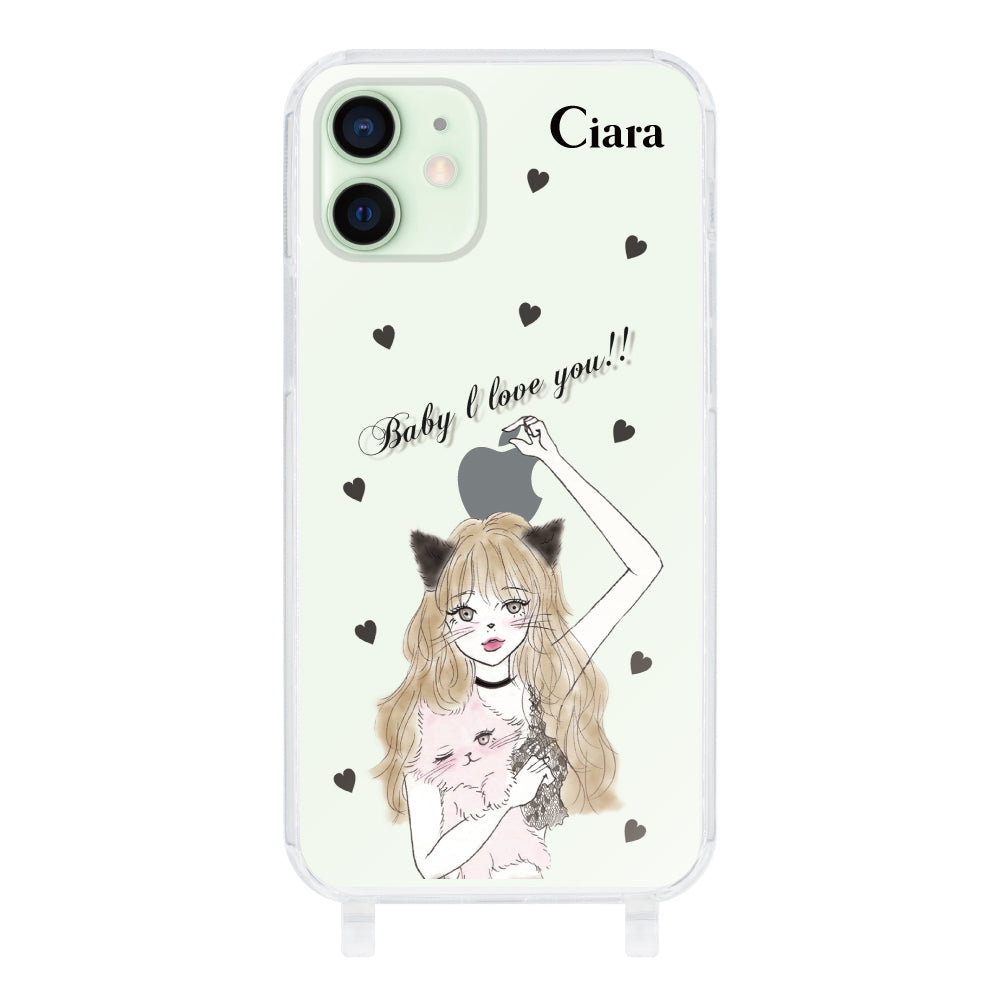 iPhone12miniケース ストラップクリアケース ブラックキャットガール クリア