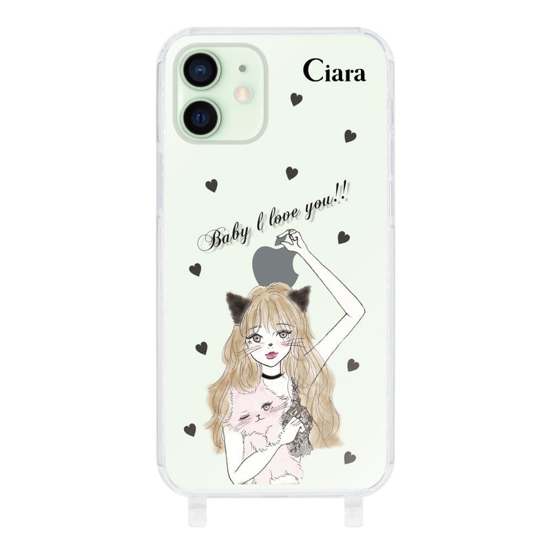 iPhoneケース ストラップクリアケース ブラックキャットガール