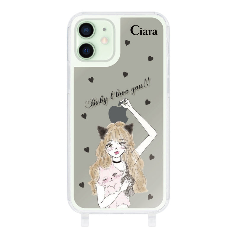 iPhoneケース ストラップクリアケース ブラックキャットガール