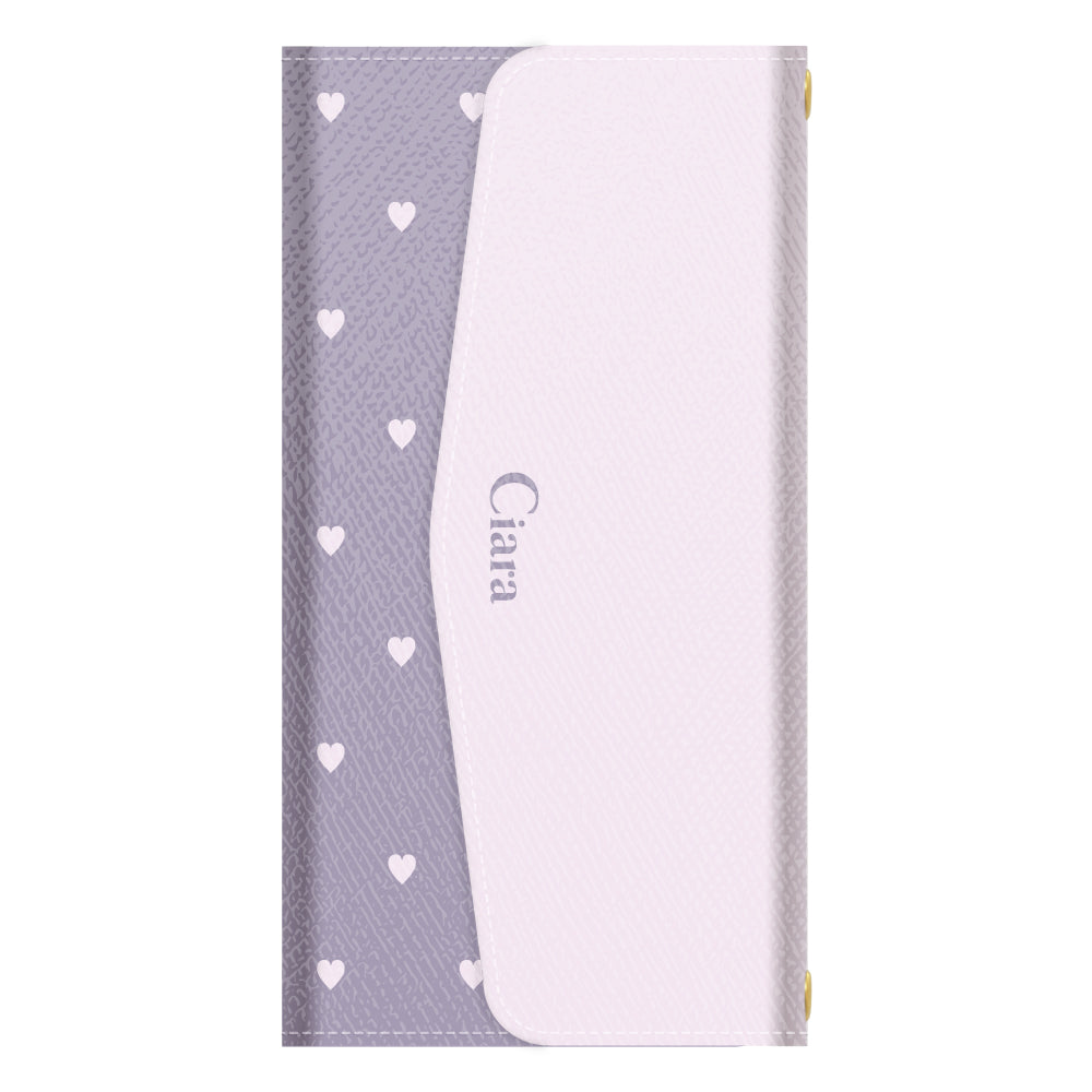 iPhone15ケース 手帳型カード収納レザーケース スウィートハート パープル