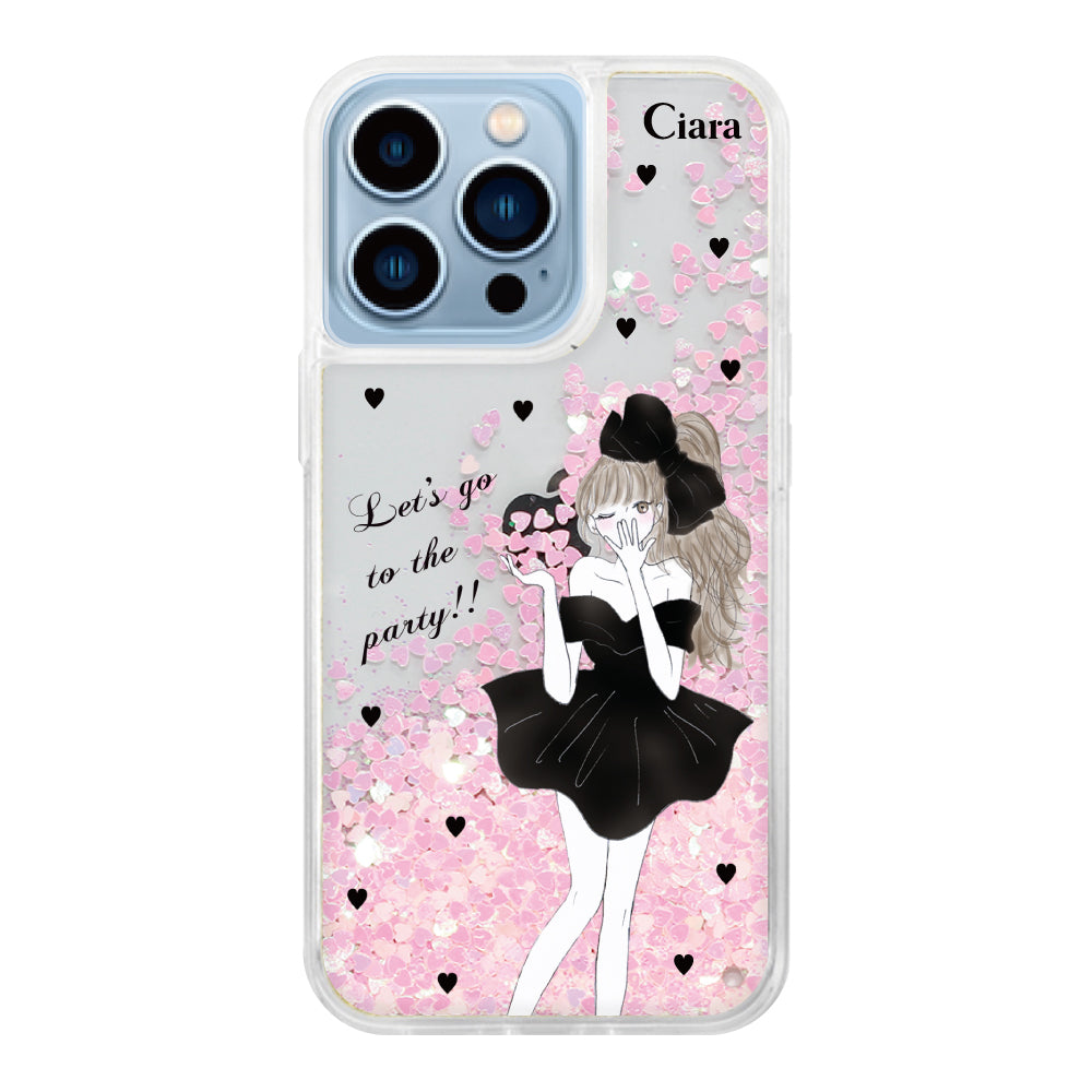 iPhone13ProMax グリッター オイルクリアケース ブラックリボン ピンク
