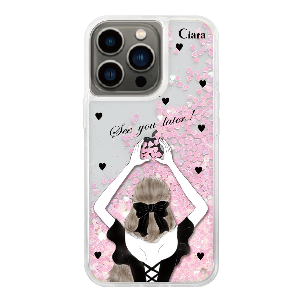 iPhone13Pro グリッター オイルクリアケース ブラックバックショット ピンク