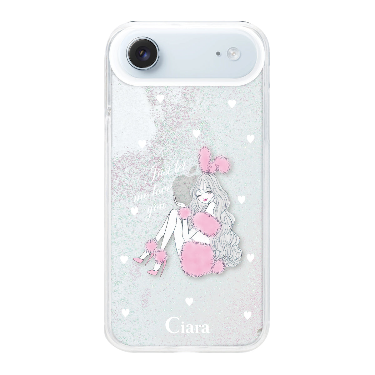 iPhoneAir グリッター オイルクリアケース ピンクバニー ホワイト