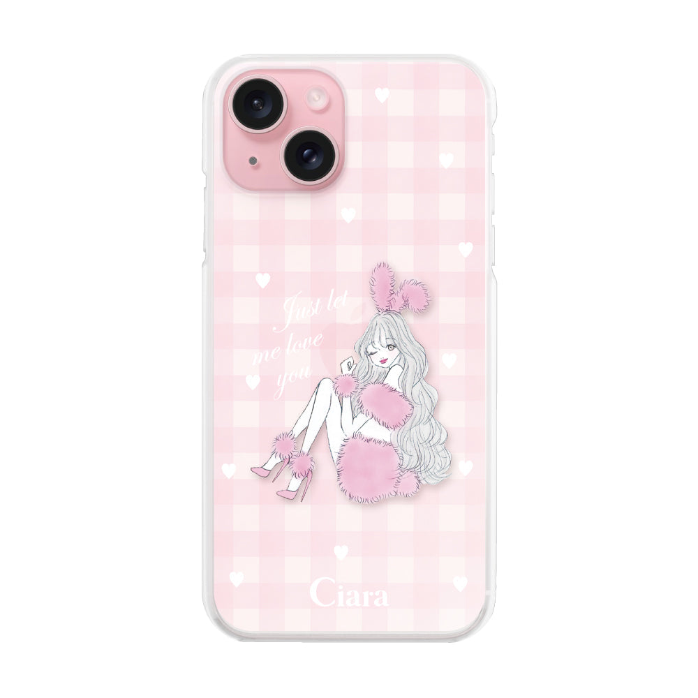 iPhone15 ハイブリッド クリアケース ピンクバニー ピンクチェック