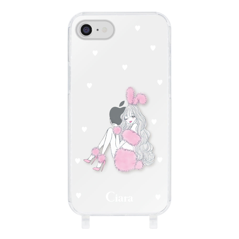 iPhone7/8 ストラップクリアケース ピンクバニー クリア