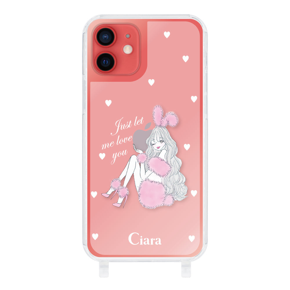 iPhone11 ストラップクリアケース ピンクバニー ピンクチェック