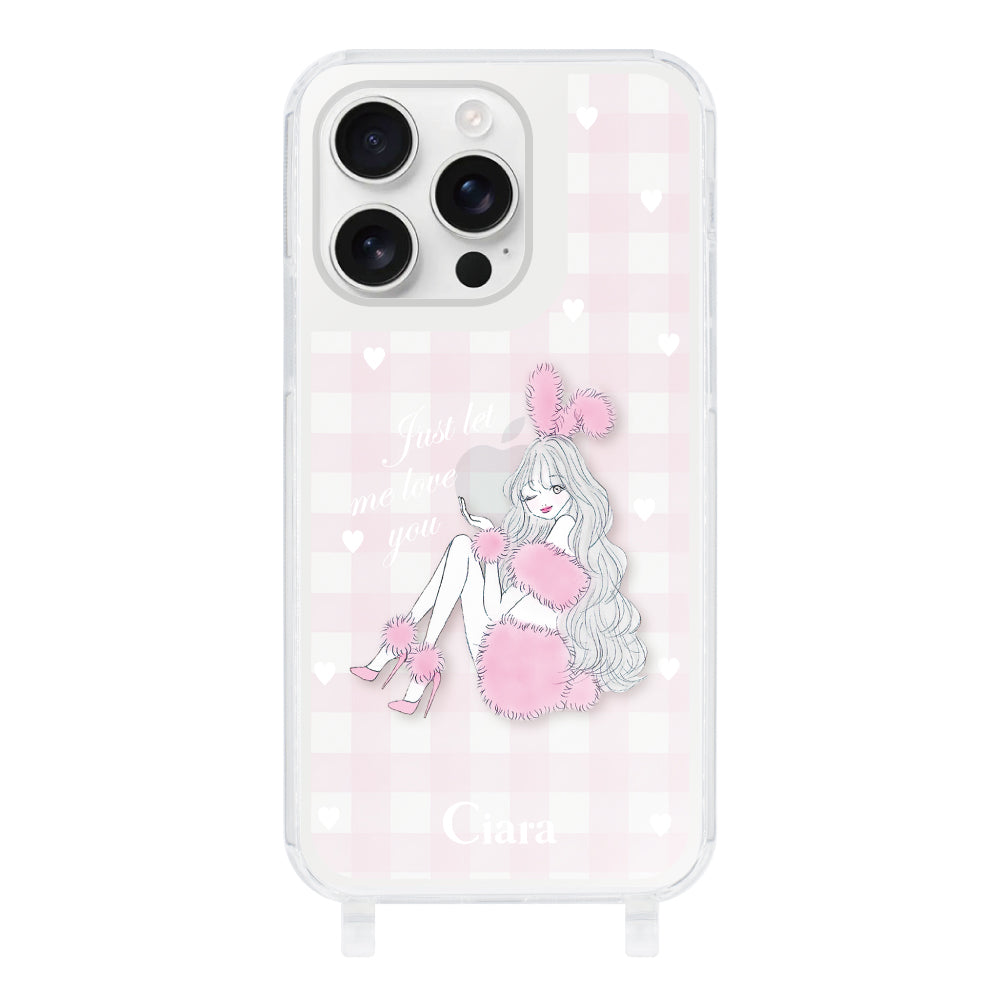 iPhone16ProMax ストラップクリアケース ピンクバニー ピンクチェック