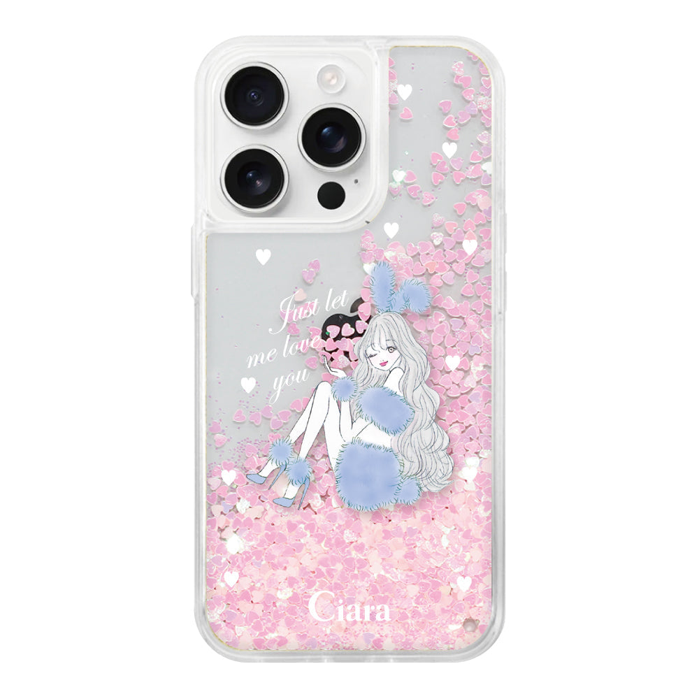 iPhone16ProMax グリッター オイルクリアケース ブルーバニー ピンク