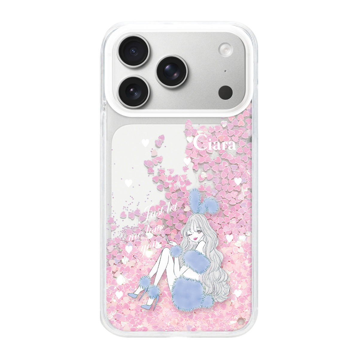 iPhone17Pro グリッター オイルクリアケース ブルーバニー ピンク