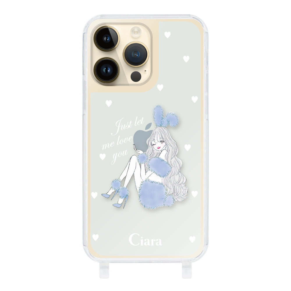 iPhone14Pro ストラップクリアケース ブルーバニー ブルー
