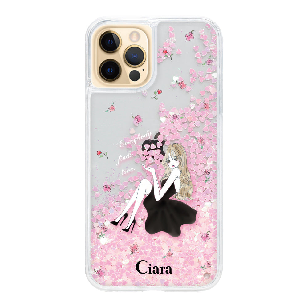 iPhone11ProMax グリッター オイルクリアケース ラベンダーブラックガール ピンク