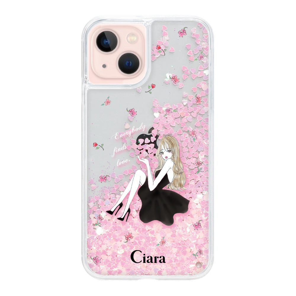 iPhone13 グリッター オイルクリアケース ラベンダーブラックガール ピンク