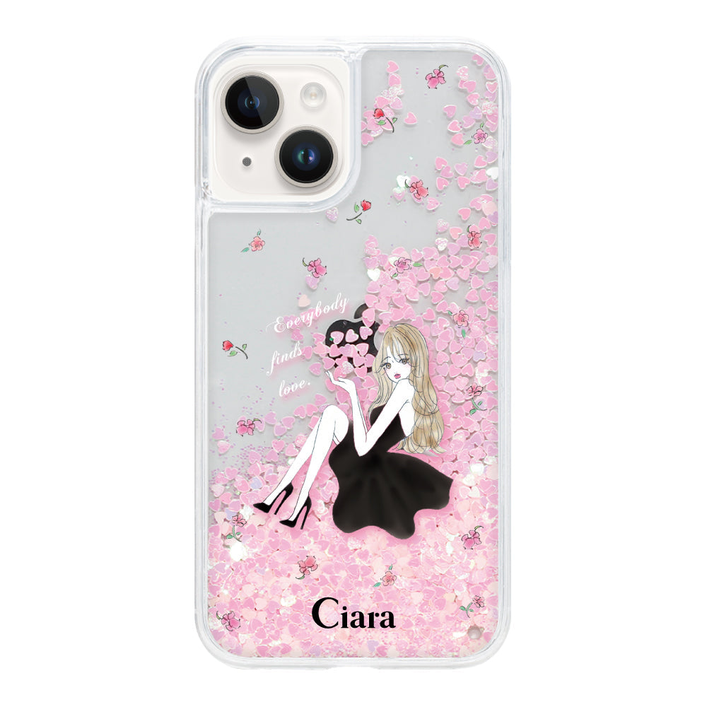 iPhone14 グリッター オイルクリアケース ラベンダーブラックガール ピンク