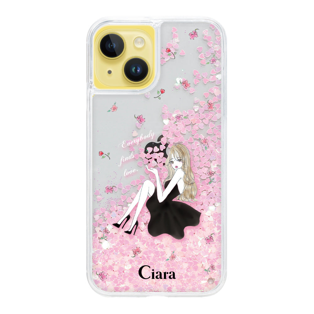 iPhone14Plus グリッター オイルクリアケース ラベンダーブラックガール ピンク