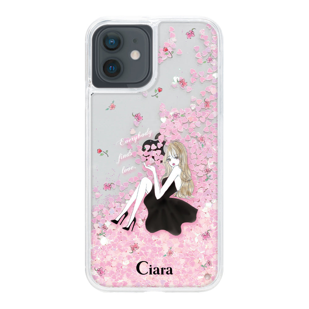iPhoneXR グリッター オイルクリアケース ラベンダーブラックガール ピンク