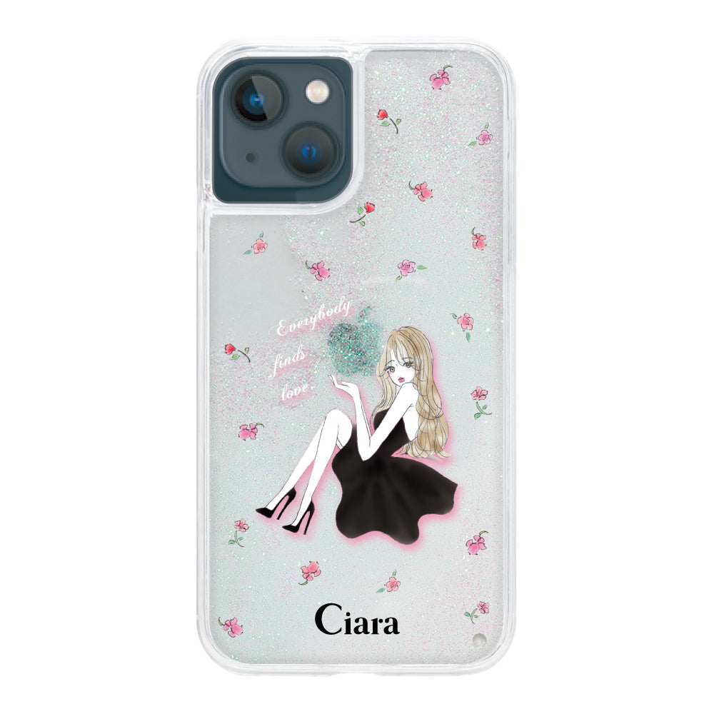 iPhone13mini グリッター オイルクリアケース ラベンダーブラックガール ホワイト