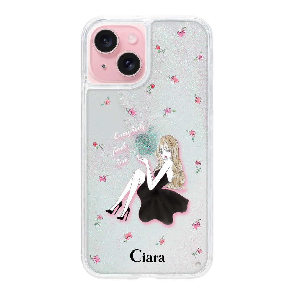 iPhone15 グリッター オイルクリアケース ラベンダーブラックガール ホワイト
