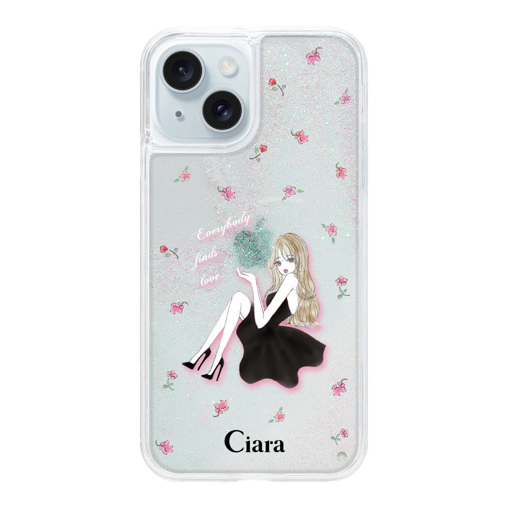 iPhone15Plus グリッター オイルクリアケース ラベンダーブラックガール ホワイト