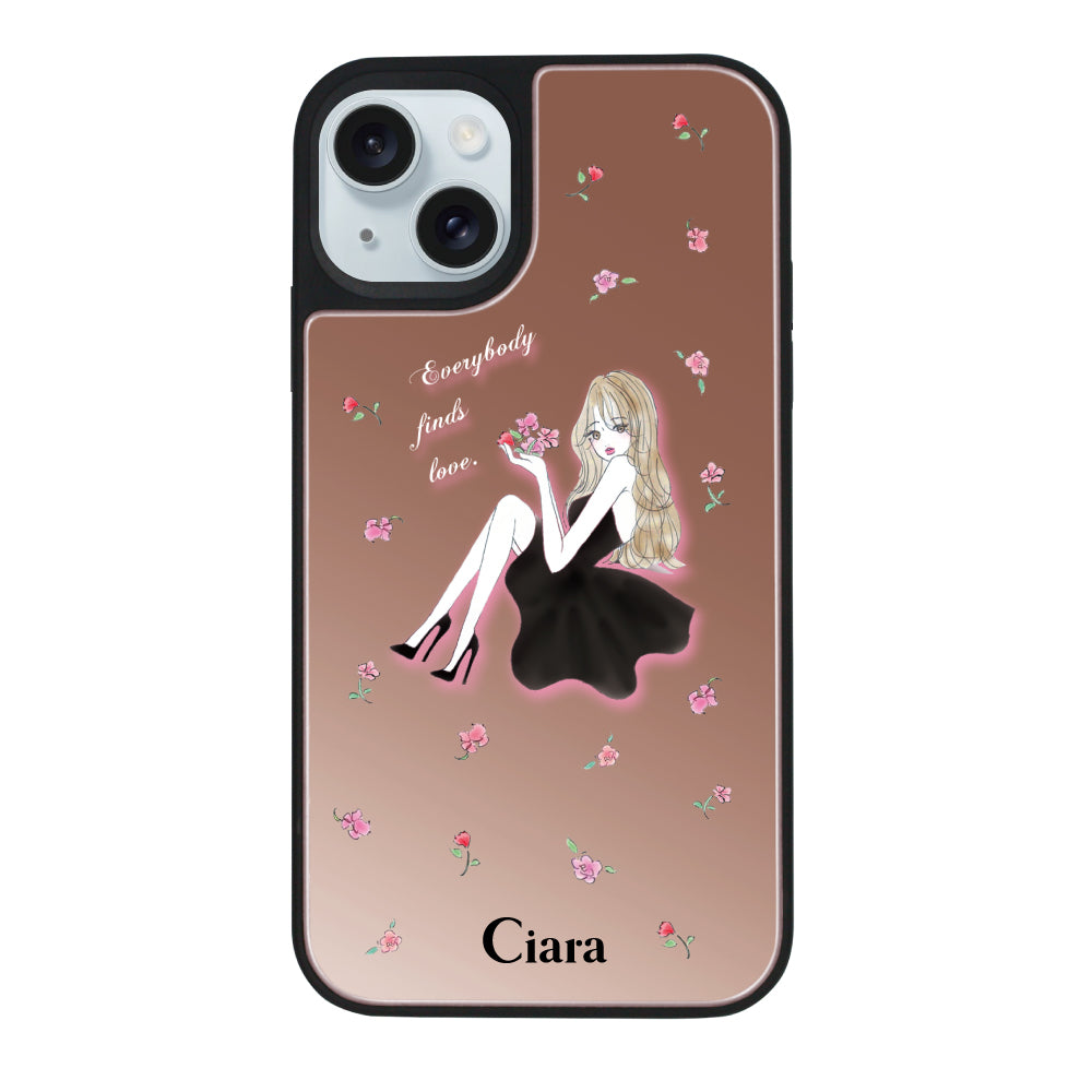 iPhone15Plus ミラーバンパー ミラー付きケース ラベンダーブラックガール ピンクゴールド