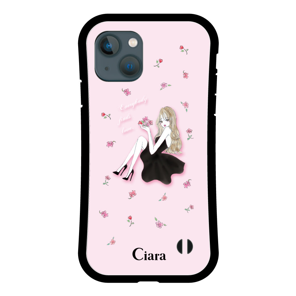 iPhone13mini グリップ 耐衝撃ケース ラベンダーブラックガール ピンク