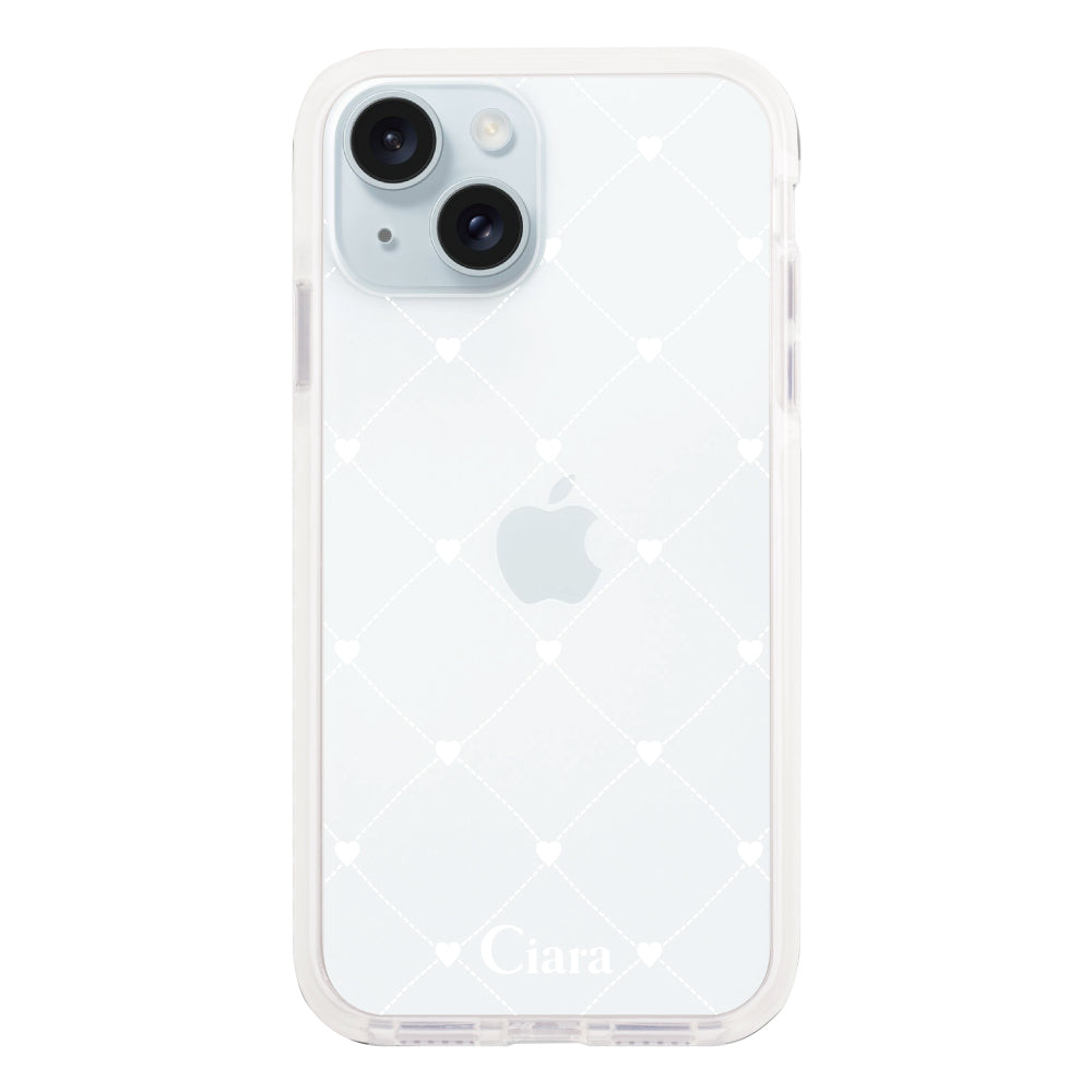 iPhone15Plus クッションバンパー 耐衝撃クリアケース ハートキルティング ホワイト