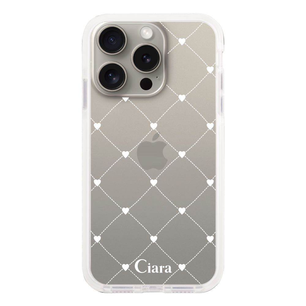 iPhone15Pro クッションバンパー 耐衝撃クリアケース ハートキルティング ホワイト