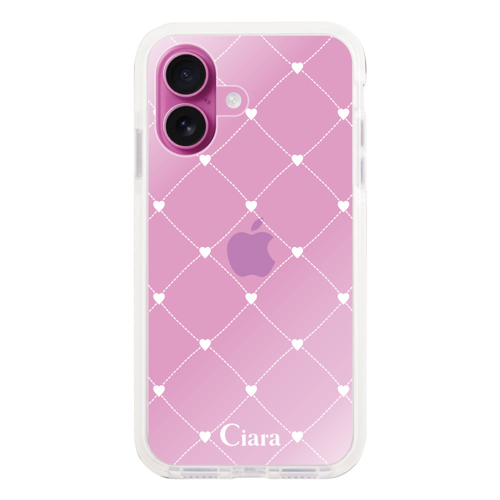 iPhone16Plus クッションバンパー 耐衝撃クリアケース ハートキルティング ホワイト
