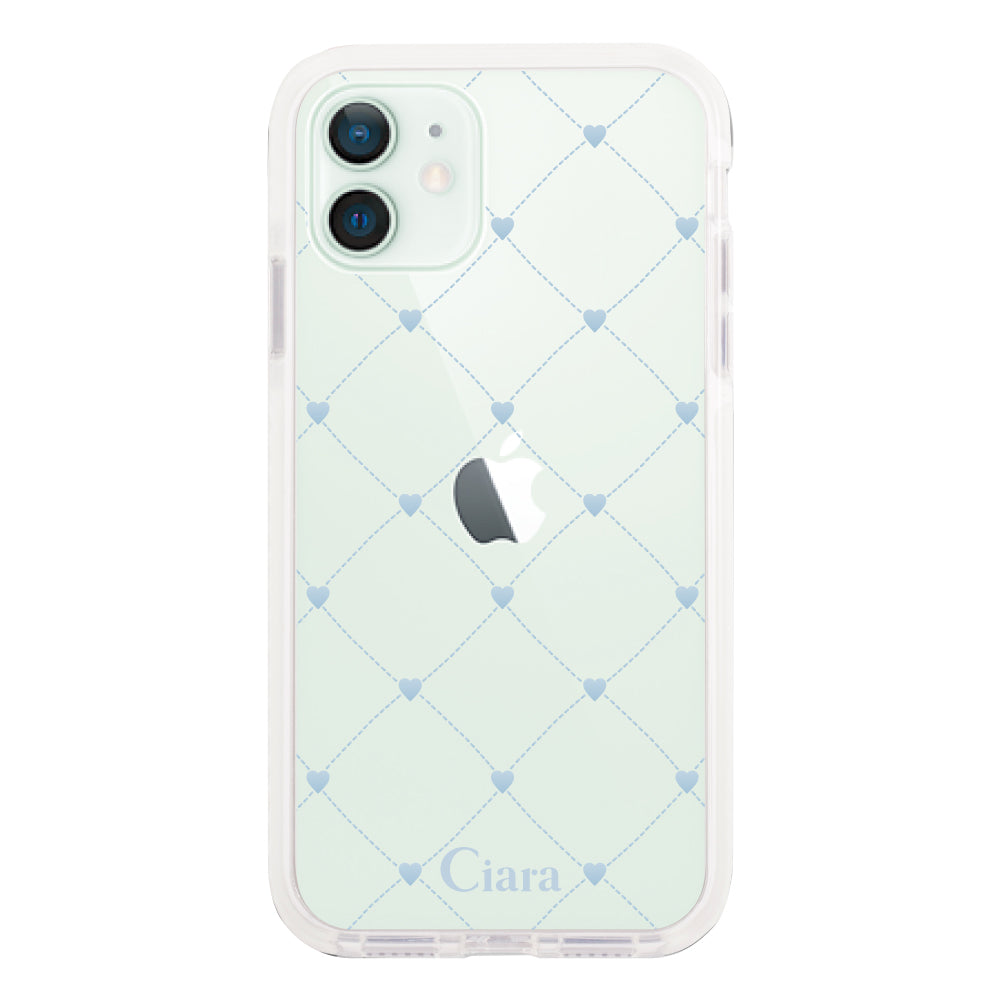 iPhone12mini クッションバンパー 耐衝撃クリアケース ハートキルティング ブルー