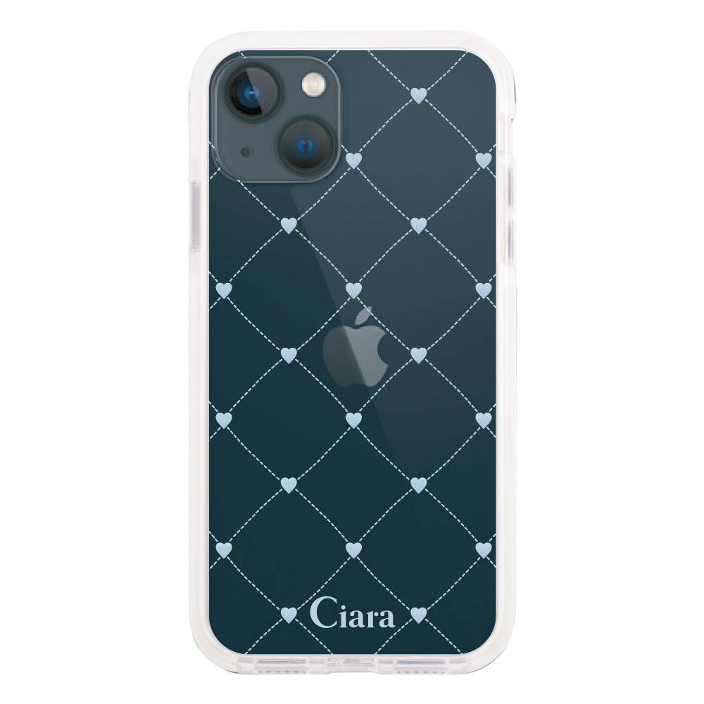 iPhone13mini クッションバンパー 耐衝撃クリアケース ハートキルティング ブルー