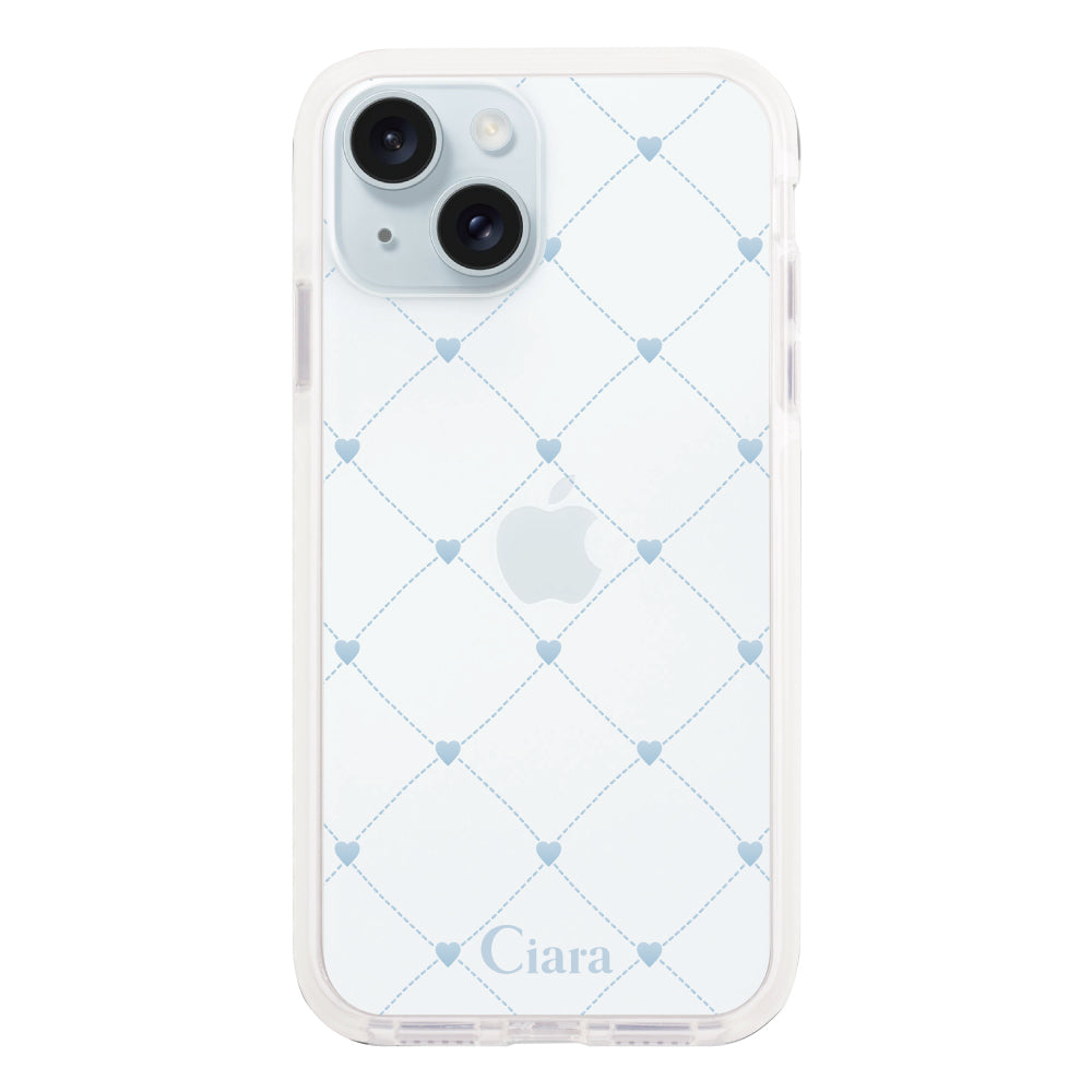 iPhone15Plus クッションバンパー 耐衝撃クリアケース ハートキルティング ブルー