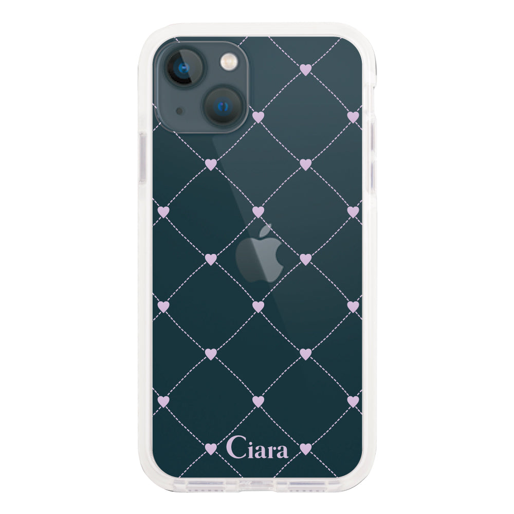 iPhone13mini クッションバンパー 耐衝撃クリアケース ハートキルティング パープル