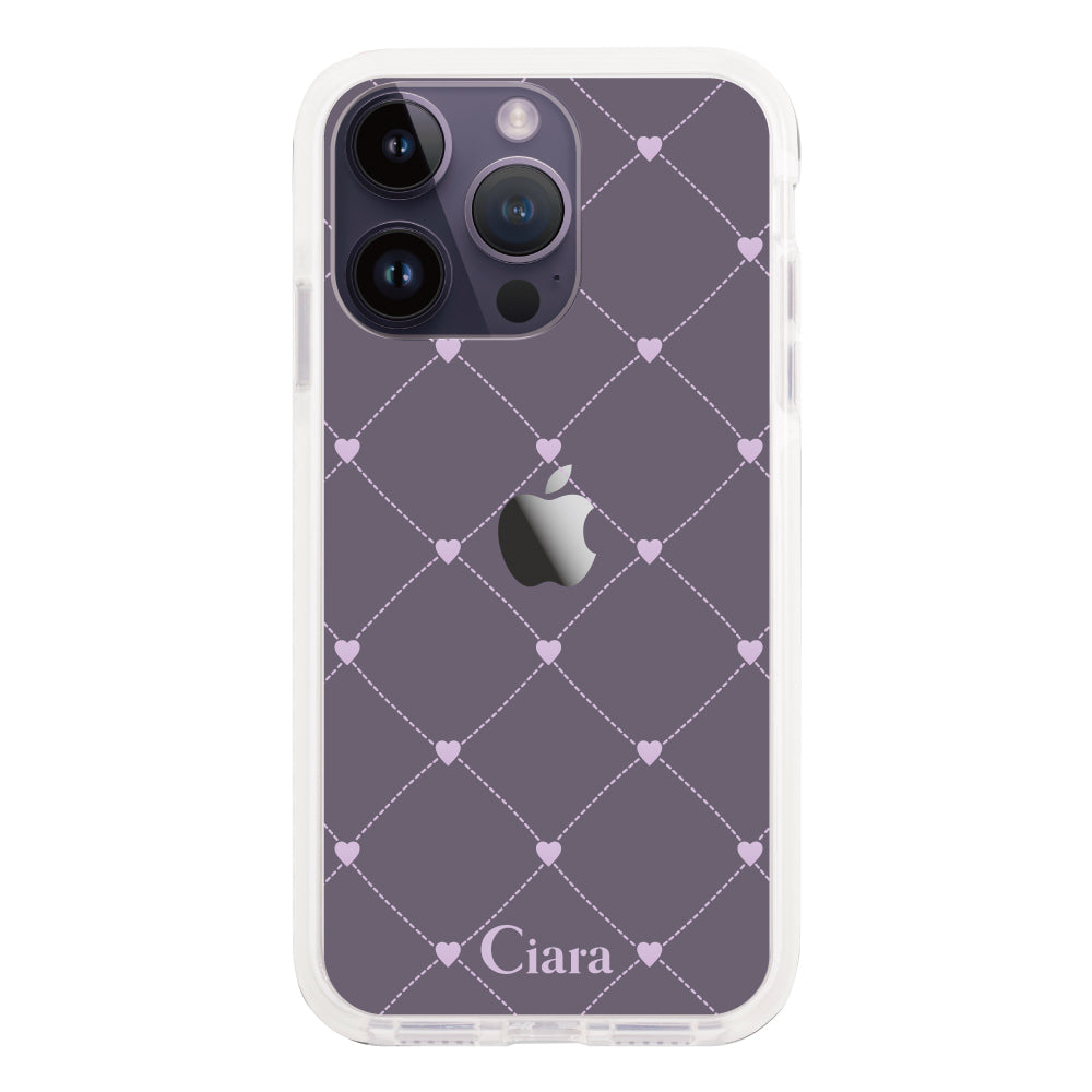 iPhone14ProMax クッションバンパー 耐衝撃クリアケース ハートキルティング パープル